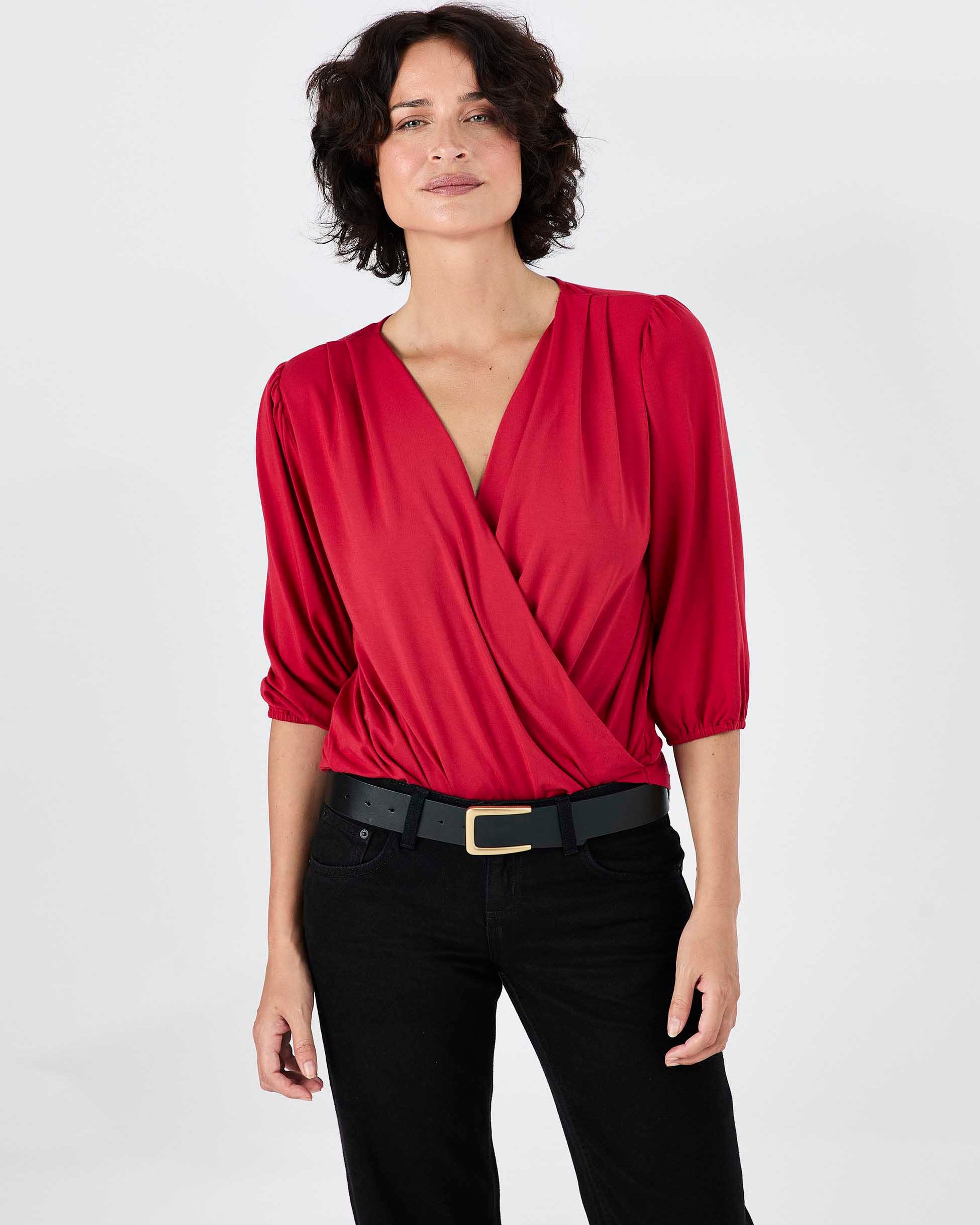 Athena 7/8 Sleeve Drape Top - Cherry