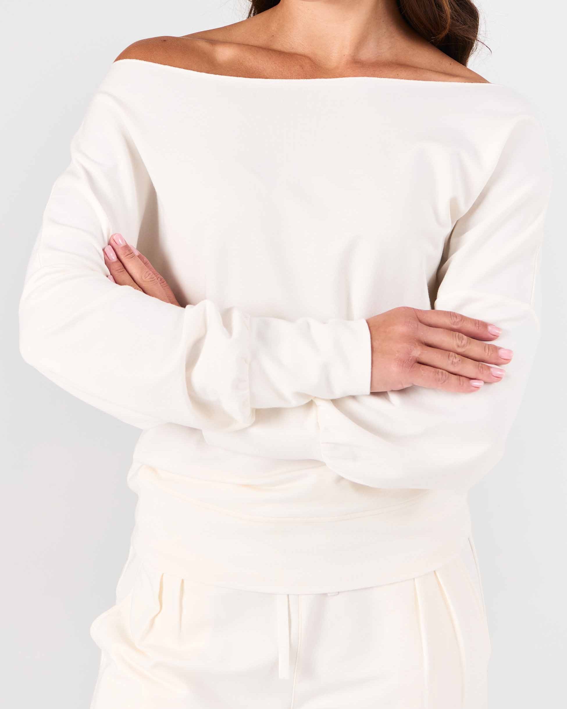 French Terry Off Shoulder Sweatshirt - Soft White