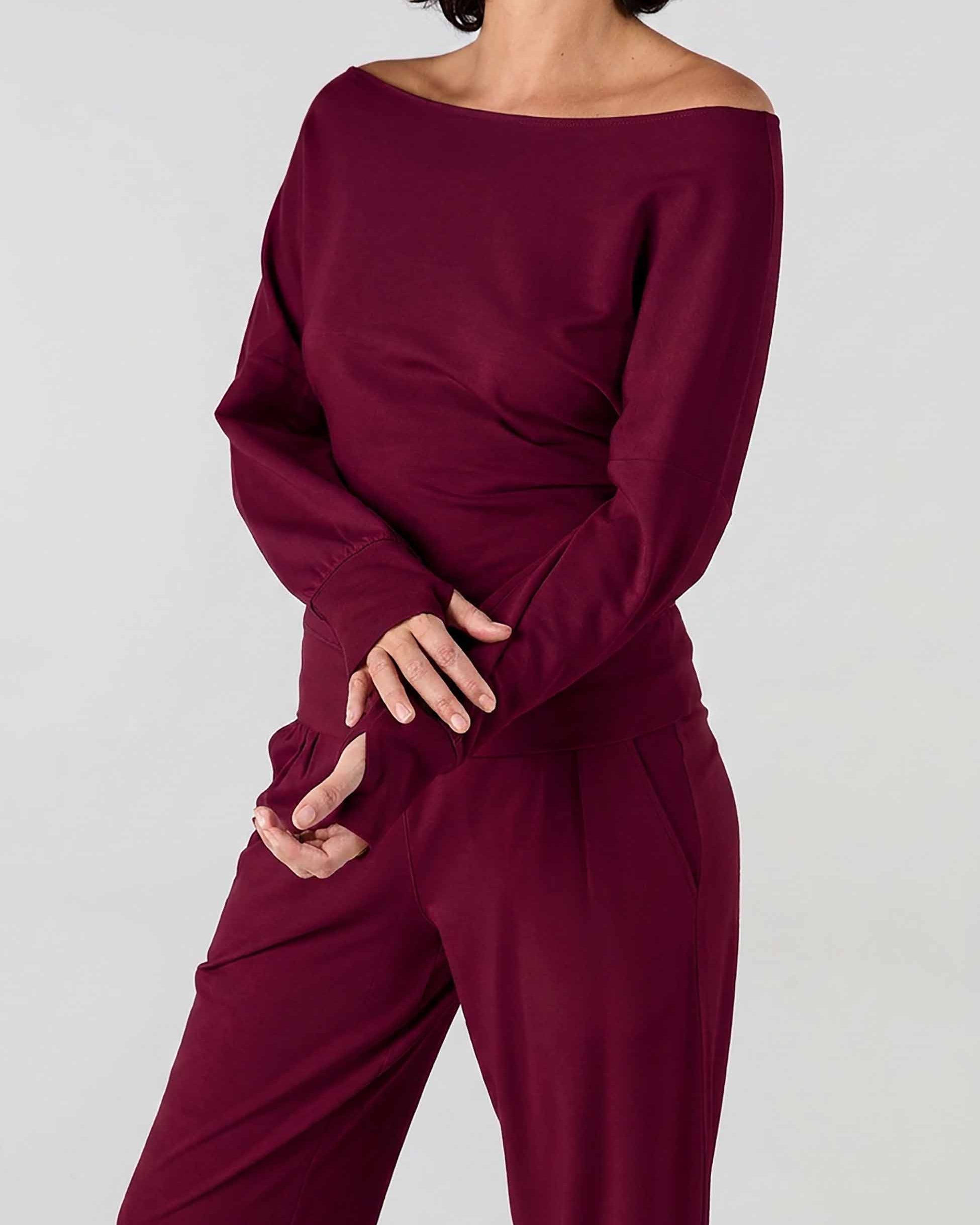 French Terry Off Shoulder Sweatshirt - Sangria