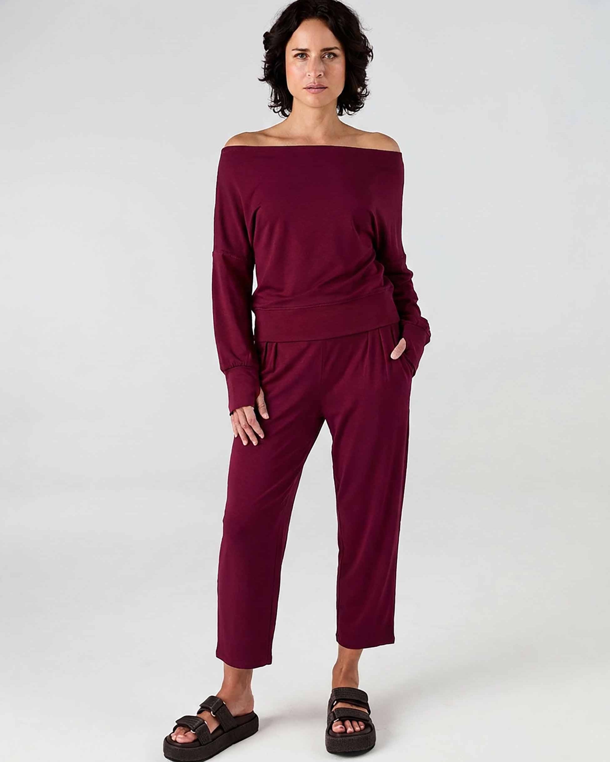 French Terry Off Shoulder Sweatshirt - Sangria