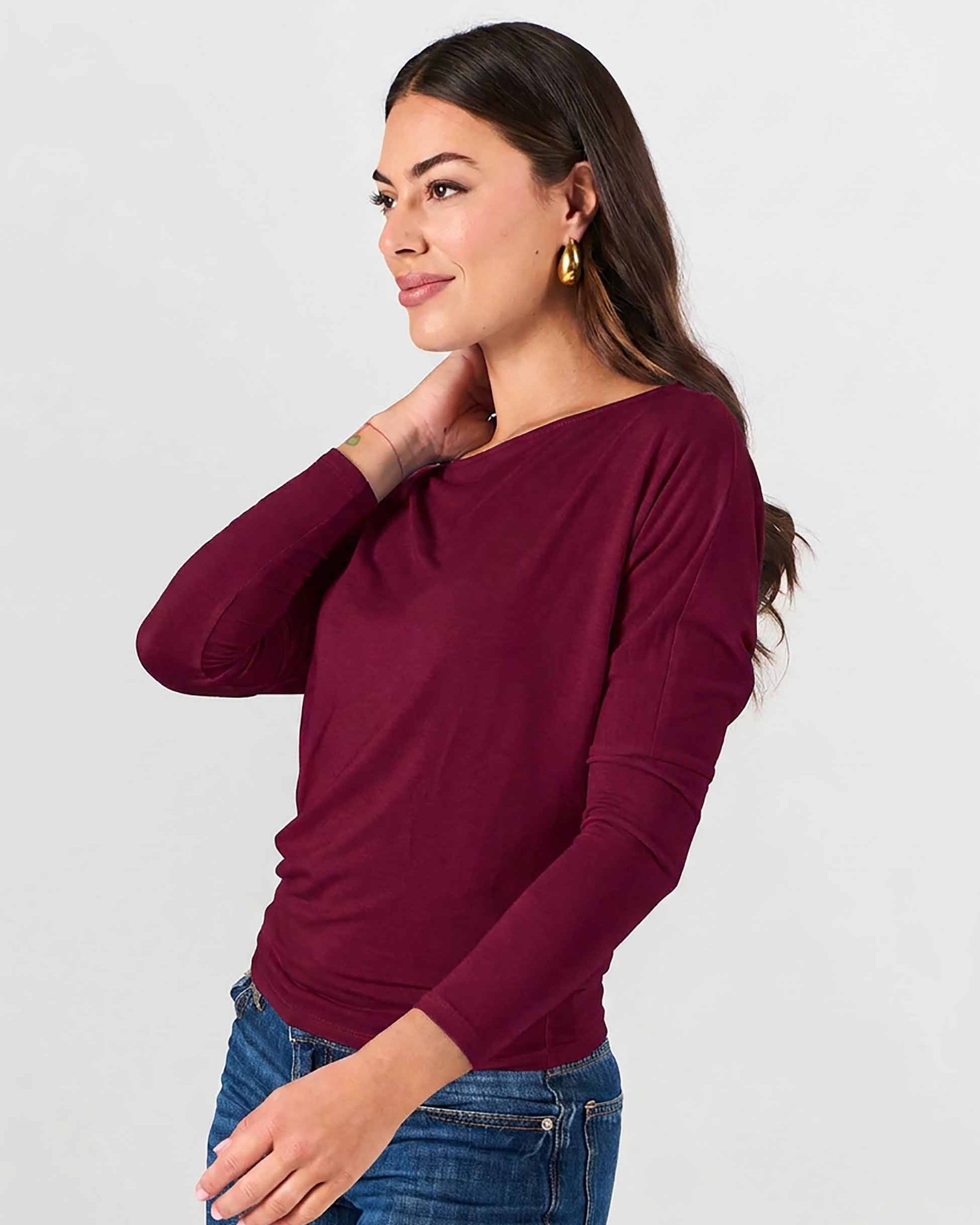 Modal Long Sleeve Off Shoulder Top - Sangria