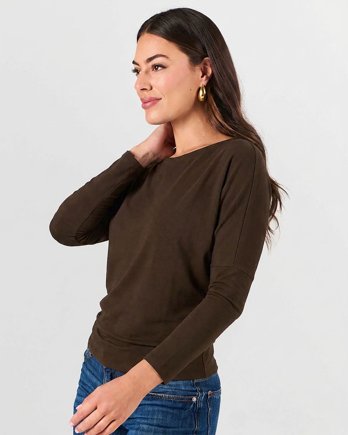 Modal Long Sleeve Off Shoulder Top - Coffee Bean