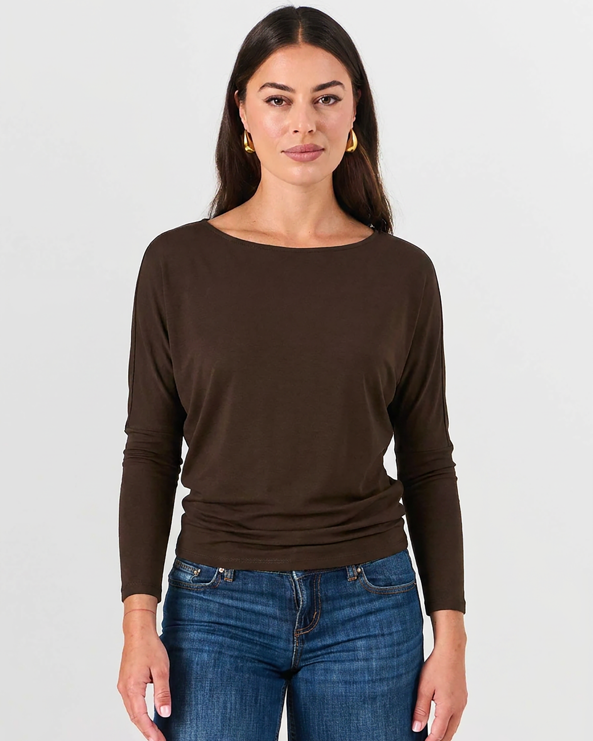 Modal Long Sleeve Off Shoulder Top - Coffee Bean