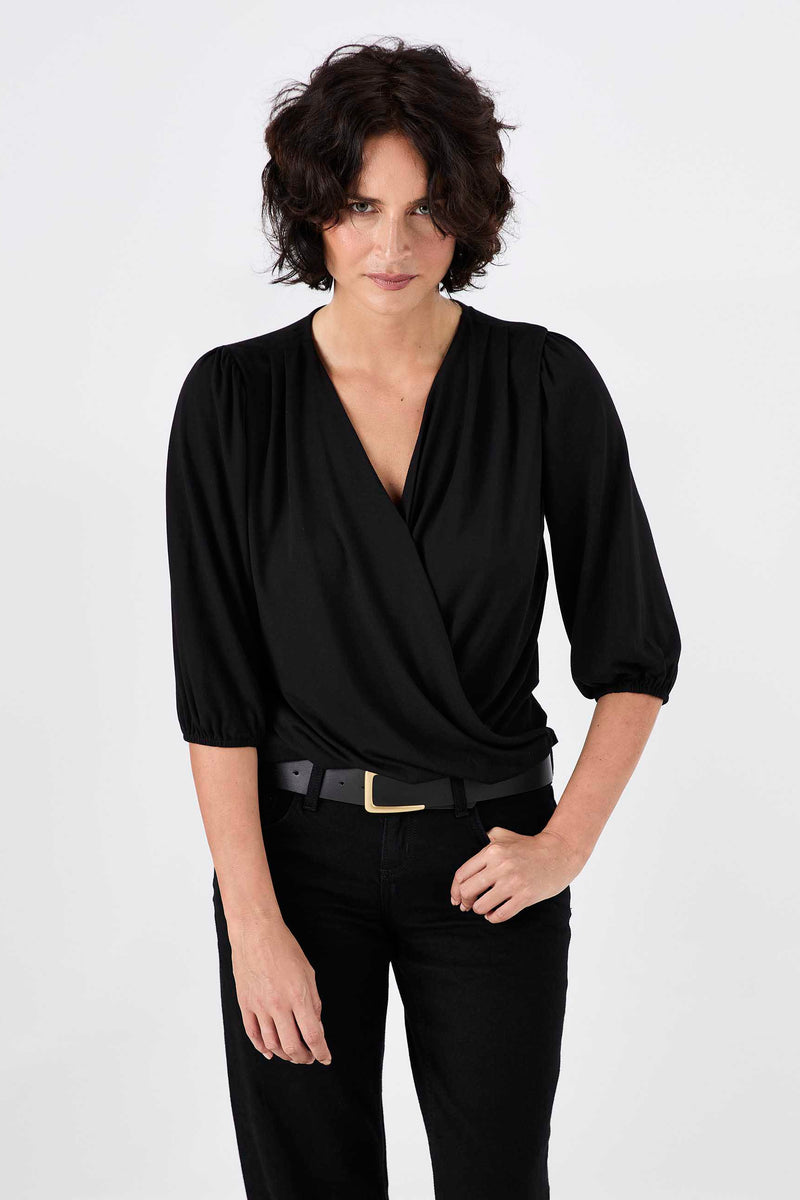 Athena 7/8 Sleeve  Drape Top - Black