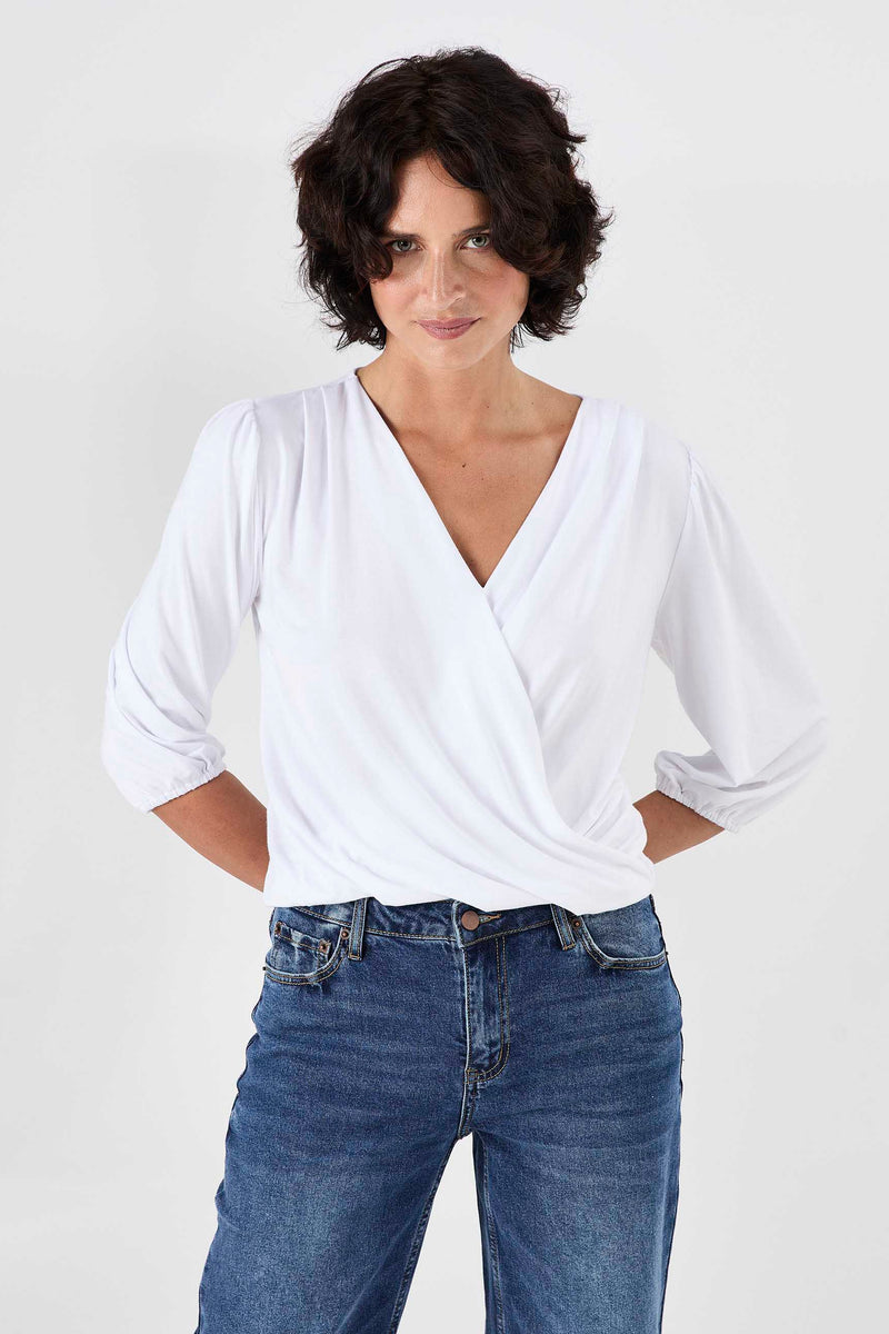 Athena 7/8 Sleeve  Drape Top - White