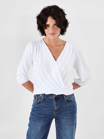 Athena 7/8 Sleeve  Drape Top - White