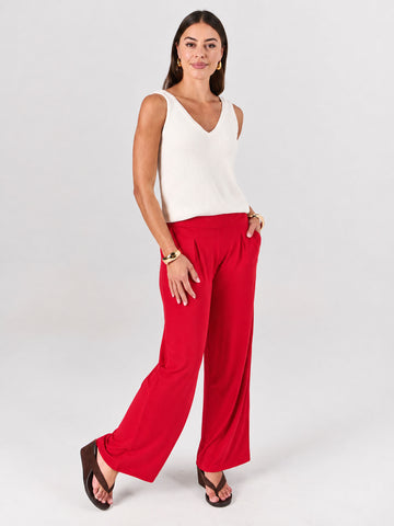 Pleat  Front Wide Leg Pants - Cherry