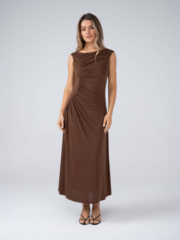 Marcia Gathered Dress - Coffee Bean