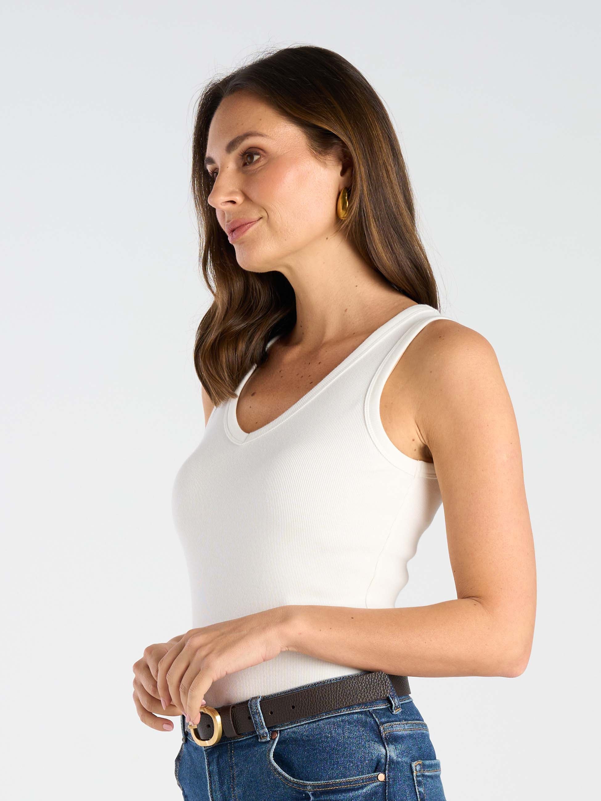 V Neck Rib Tank - Soft White